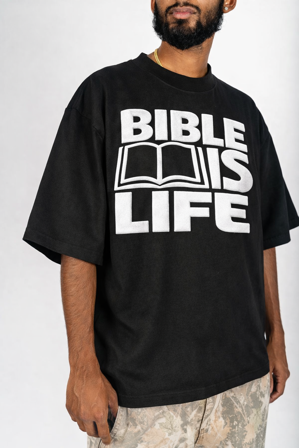 Bible Is Life Drop Shoulder Crop Tee w/ Dimensional ink
